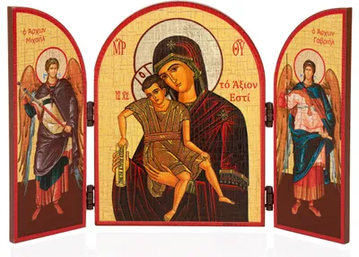 Produktbild von NKlaus Gottesmutter Würdig Ist Ikone Triptychon Holz 25x16cm Christlich 13831