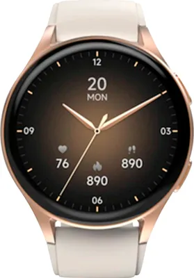 A close-up of a smartwatch with a rose gold casing and a white strap, displaying the time and health metrics on its screen.