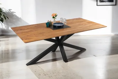 Produktbild von Esstisch 180 x 90 cm Dean, Massivholztisch Eiche, Schweizer Kante, Esszimmertisch mit Spider-Gestell aus Metall Schwarz, pflegeleichter Holztisch