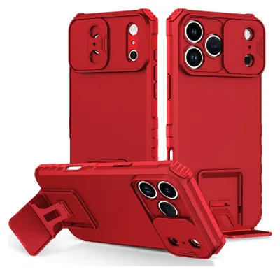 Produktbild von Dual Layer Hülle für iPhone 17 Pro Stossfest Robust Ständer Schutzhülle mit Schiebe Kamera Schutz Rot