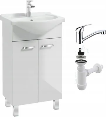 Produktbild von Stamar | Set Weiße Stehende Badezimmermöbel, 50 cm, mit Glänzender Waschbecken und Drehbatterie