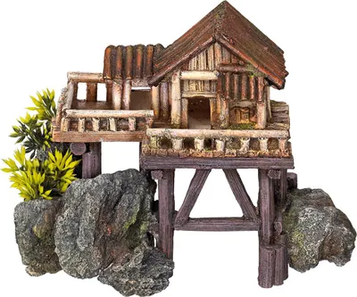 Produktbild von Aqua Ornaments "HOLZHAUS" mit Pflanzen 23 x 12,3 x 17 cm