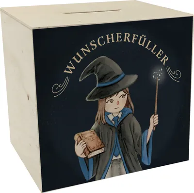 Produktbild von Wunscherfüller Spardose aus Holz mit Zauberschülerin in blau