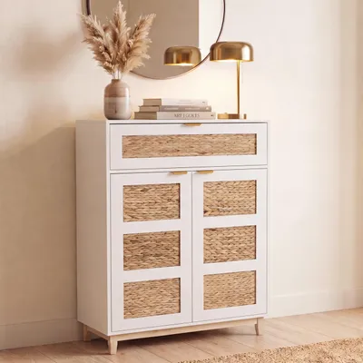 Produktbild von Kommode HWC-P54, Schrank Sideboard Highboard, MDF Melamin Wasserhyazinthefront 115x80x35cm weiß