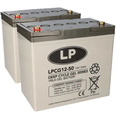 Two white deep cycle gel batteries are shown in a studio setting against a white background.