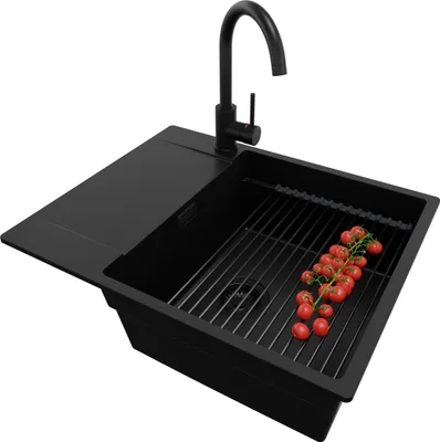Produktbild von PRIMAGRAN Granitspüle Alles Schwarz 62x50cm, Spülbecken 1 Becken + Ablauf-Set + Küchenzubehörset, Küchenspüle ab 50er Unterschrank - San Francisco