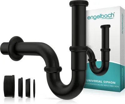 Produktbild von Engelbach® Siphon Waschbecken extra Lang 85mm 1 1/4 inkl. Gummimanschette, Schwarz