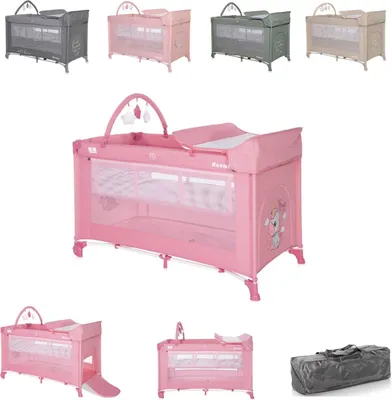 Produktbild von Lorelli Reisebett Noemi 2 Ebenen, Wickelauflage, Spielbogen, Tragetasche, Räder rosa
