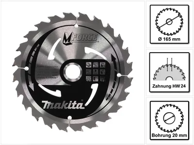 Zdjęcie produktu dla Tarcza pilarska Makita M-FORCE do drewna 165 x 20 x 2 mm 24 zęby ( B-32007 )