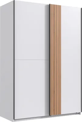 Produktbild von Schwebetürenschrank >Rügen< in WEISS + LAMELLEN ARTISAN Nachbildung - 135x198x6cm B/H/T