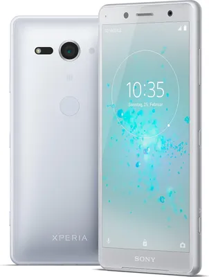 A white Sony Xperia XZ2 compact smartphone is shown from the front and back.
