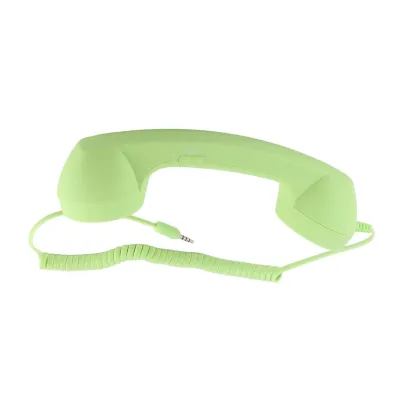 A light green retro-style phone handset with a coiled cord and a 3.5mm jack is displayed against a white background.