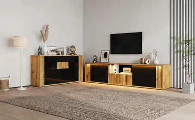 Imagen del producto de Mueble de TV STILVORA con 2 puertas y un cajón, aparador con 3 puertas, juego de 2 muebles para el salón, juego de muebles para televisores de 75 pulgadas