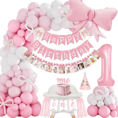 Produktbild von Sonstige Partydekoration Dekoration zum 1. Geburtstag für Mädchen, rosa Dekorationen zum ersten Geburtstag, rosa weiße Luftballons, Schleifenballons m