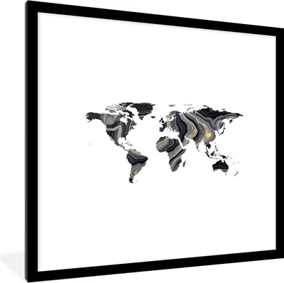 Produktbild von MuchoWow® MuchoWow® Gerahmtes Poster Weltkarte - Gold - Schwarz und weiß 40x40 cm - Poster mit zchwarzem Bilderrahmen - Poster - Plakat im Rahmen