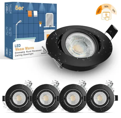 5 LED Inbouwspots 230V Schwarz dimmbar 7W IP44 700LM Warmweiß