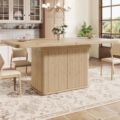 Productafbeelding van Eettafel met verborgen opbergruimte en een klapbare tafelblad, keukentafel met verticale reliëfstroken, eettafel 140-180 cm, houtlook, licht