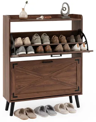 Produktbild von COSTWAY Schuhschrank mit 2 Klappschubladen, Schuhkipper schmal, Schuhregal mit Kiefernholzfüßen & Einlegeböden, Schuhaufbewahrungsschrank, Braun