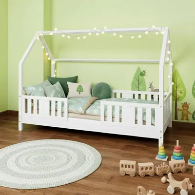 Produktbild von MEBLE WRÓBEL Hausbett 80x190 cm mit Rausfallschutz und Lattenrost - Einzelbett Jugendbett- Kinderbett aus Kiefer Massivholz Weiß - Kleinkindbett für Jungen & Mädchen - Standhöhe 10 cm