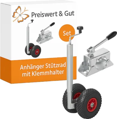 Produktbild von Anhänger Zubehör Set Stützrad Anhänger 260x85mm Luft-Reifen Kunststoff-Felge bis 300kg Traglast stützrad halterung Ø48mm