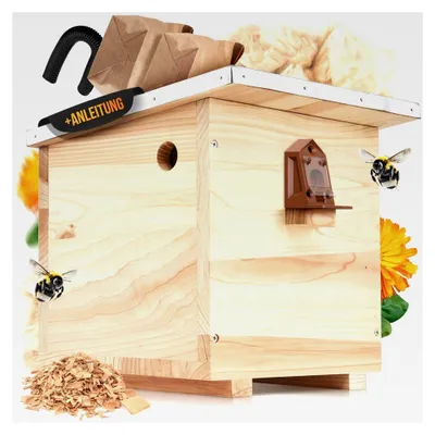 Produktbild von Großes Hummelhaus inkl. Wachsmottensperre und Nistmaterial I Kapok, Nistkarton, Holzspäne I Hummelhotel aus massivem Holz verschraubt I Hummelkasten mit Zubehör (mit Vorbau und Wachsmottensperre)