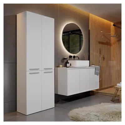 Produktbild von Badezimmerschrank mit Wäschekorb in Weiß, Stehender Hochschrank mit Schublade und Tür, Bodenschrank, Allzweckschrank, 2 Wäschekörbe, 174 x 60 x 30
