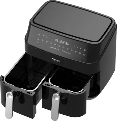 Produktbild von TurboTronic Doppel Heißluftfritteuse XXL - TT-DAF5 - Dual Zone Airfryer 9 Liter 2x4,5L Kammern Digital 12 Programme Smart Finish 1600W Inklusive Pizzableche Schwarz