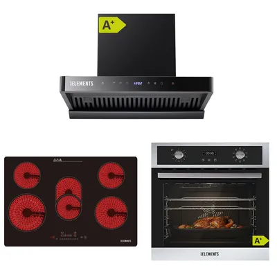 Produktbild von KB ELEMENTS Sparset, Einbauherd Set, Herdset, Glaskeramikkochfeld 77cm 8400 Watt, Dunstabzugshaube 80cm 1350 m³/h, Backofen 60cm 70 Liter, EEK A+