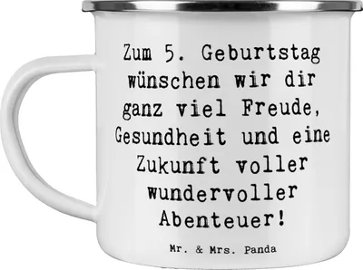Produktbild von Mr. & Mrs. Panda Emaille Tasse Spruch 5. Geburtstag Freude - Weiß - Geschenk, Teetasse, Happy Birthday, Pott, Becher, Zukunft, Jubiläumswünsche, fünfter, Geburtstagsparty