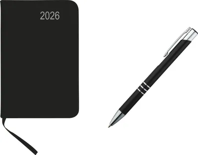 Produktbild von Taschenkalender 2026 / ca A7 / PolyurethanEinband / Farbe: schwarz+Metall Kugelschreiber