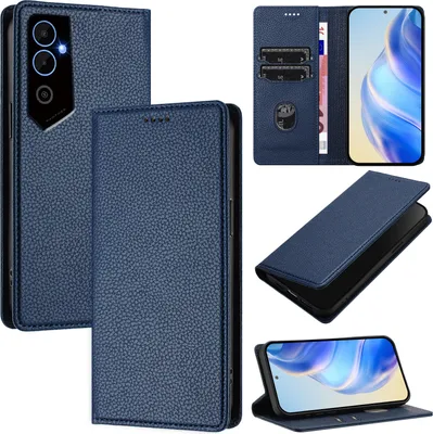 Produktbild von Litchi Leder Handyhülle für Tecno Pova Neo 2 Wallet Kartenfächer Standfunktion Hülle Blau
