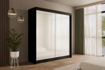 Produktbild von ALTDECOR Kleiderschrank mit Lacobel-Schiebetüren, kugelgelagerte Führungsschienen und Aluminium-Leisten - PEKA - 200 cm Schwarz /  Weiß