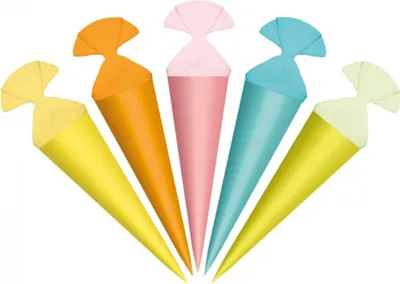 Produktbild von 5er Set Schultüten klein 15 cm verschiedene Farben rund mit Kreppverschluss Deko