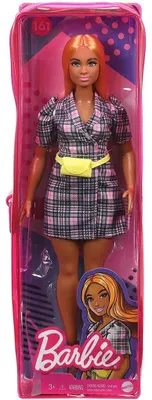 Produktbild von Barbie-Puppe Fashionistas von Mattel, blond, mit rosa kariertem Blazerkleid