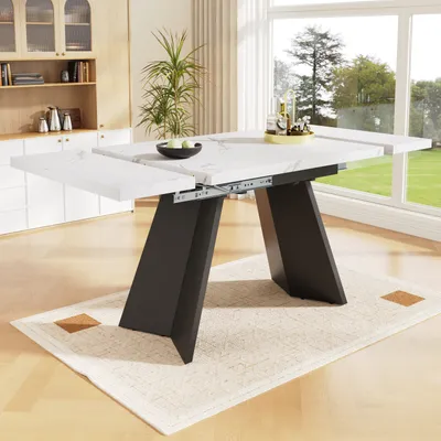 Immagine prodotto di Tavolo da pranzo allungabile Flieks, tavolo allungabile con gambe piatte, ampio piano di lavoro, tavolo per sala da pranzo soggiorno ufficio, bianco