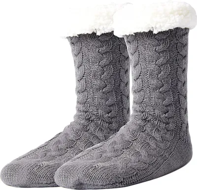 Produktbild von ASKSA Kuschelsocken Damen Herren Dicke Flauschige Socken mit Greifern Weiche Warme Winter Hu?ttensocken Haussocken, Grau, Groesse: EU 36-44
