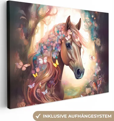Produktbild von MuchoWow® - Leinwandbilder - Pferd - Natur - Blumen - Schmetterlinge - Wald, Wandbild, Wanddeko Bilder Wohnzimmer, 80x60cm