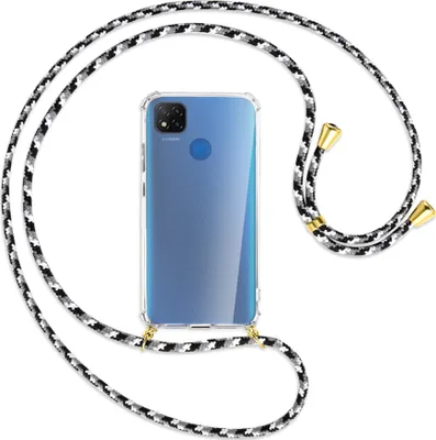 Produktbild von Handykette Backcover-Schutzhülle mit Band (Metall goldfarben) für Xiaomi Redmi 9C - schwarz/grau/weiß