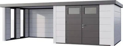 Produktbild von Telluria Metallgerätehaus Classico 3330 mit Lounge Anbau (ca. 450 cm Breite) inkl. 2 Fenstern weiß/weiß Lounge-Anbau links