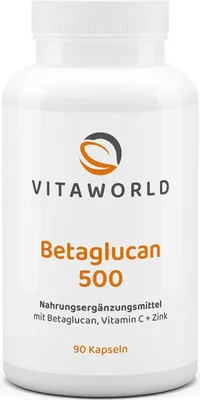 A white bottle of Vita World Betaglucan 500 dietary supplement.