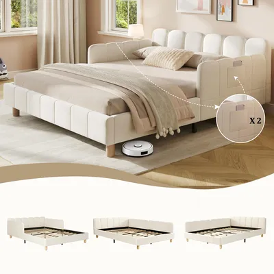 Obrázok produktu pre Merax rozkladacia pohovka s čalúnením 140x200 cm, detská postieľka s ochrannou bočnicou, čalúnené čelo, rošt s latami, nohy z masívneho dreva, béžový zamat