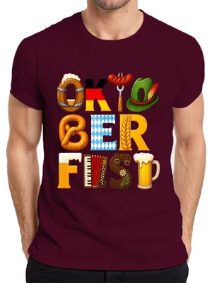 Imagen del producto de , cerveza, Baviera, pretzel, pantalones de cuero, feria, vestido tradicional, Múnich, camiseta para hombre, color burdeos, talla M