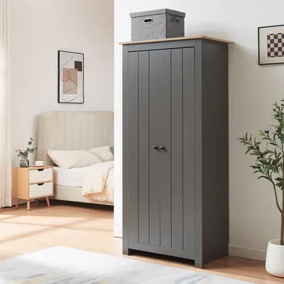 Image de Armoire « Trorjam » avec 2 portes et 1 tringle à vêtements 175 x 80 x 52 cm Gris / aspect chêne