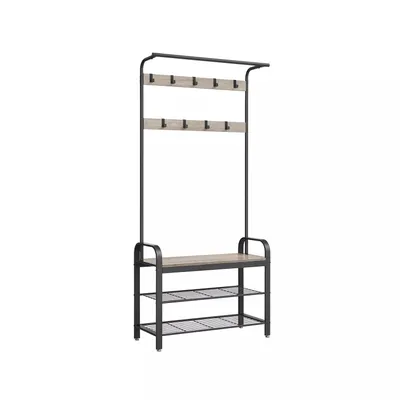 Produktbild von In And OutdoorMatch Garderobe Hillary - Kleiderschrank - Schuhregal mit Sitz - Kleiderständer mit 9 abnehmbaren Haken - Bank - 2 Drahtregale - 183 cm hoch - Industriedesign - Vintage Braun/Schwarz