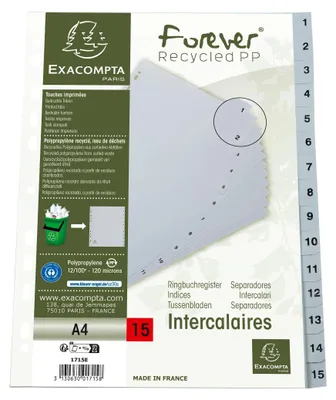 Produktbild von Exacompta 20x Register A4 RC-PP grau 120µ Taben 1-15 15 Positionen Grau 1715E