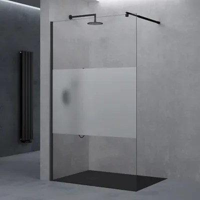 A modern bathroom with a walk-in shower.