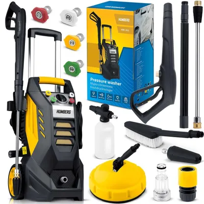 A collection of pressure washer accessories and packaging is displayed against a white background.
