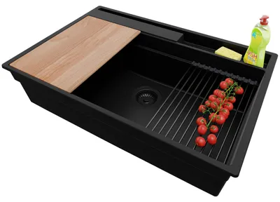 Produktbild von PRIMAGRAN Spülbecken Alles Schwarz 78x53cm, Granitspüle 1 Becken + Ablauf-Set + Küchenzubehörset, Küchenspüle ab 80er Unterschrank - Oslo Pocket