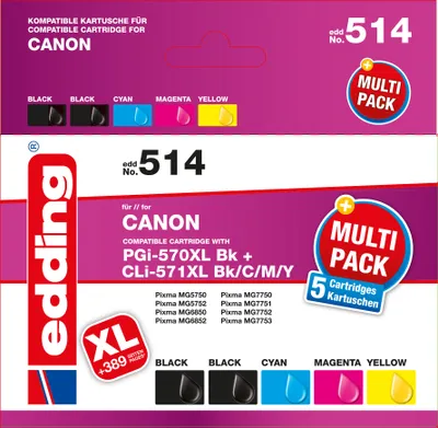 The image shows the packaging of an edding ink cartridge multipack for Canon printers.