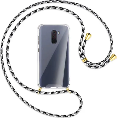 Produktbild von Handykette Backcover-Schutzhülle mit Band (Metall goldfarben) für Xiaomi Pocophone F1 / Poco F1 - schwarz/grau/weiß